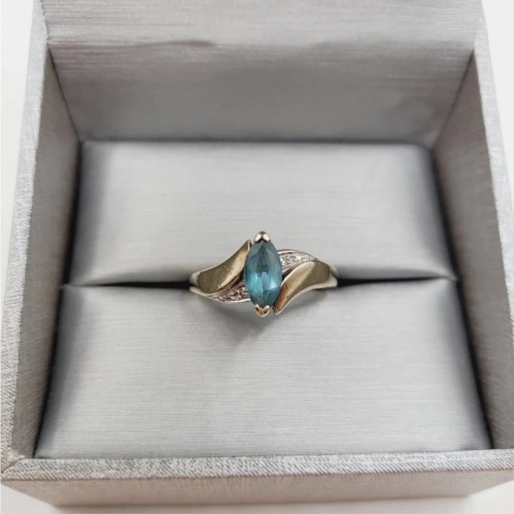 10k Solid Yellow Gold Marquise Shaped Blue Topaz & Diamond Accent Ring